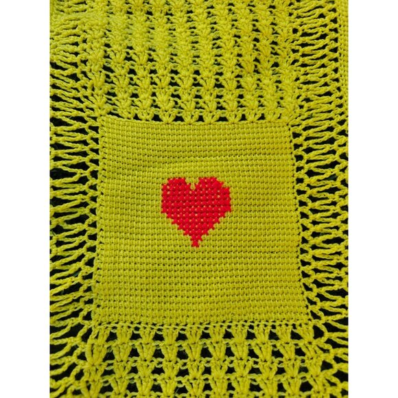 Vintage Handmade Crochet Baby Blanket Yellow With Brown Teddy & Heart Pattern - Picture 5 of 7